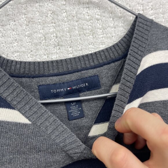 Tommy Hilfiger Blue / Grey Striped Pullover V-Neck Sweater Long Sleeve Mens S - Picture 5 of 13